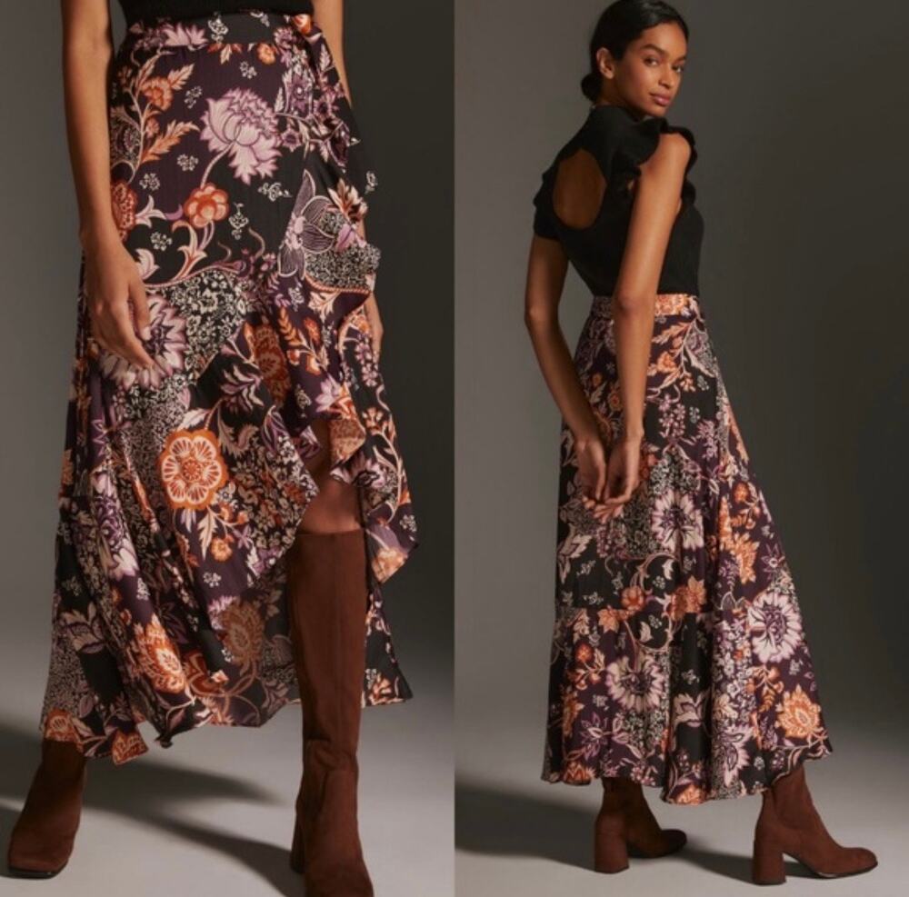 Maeve Asymmetrical Ruffle Hem Wrap Skirt Plum Purple & Orange Anthropologie XS